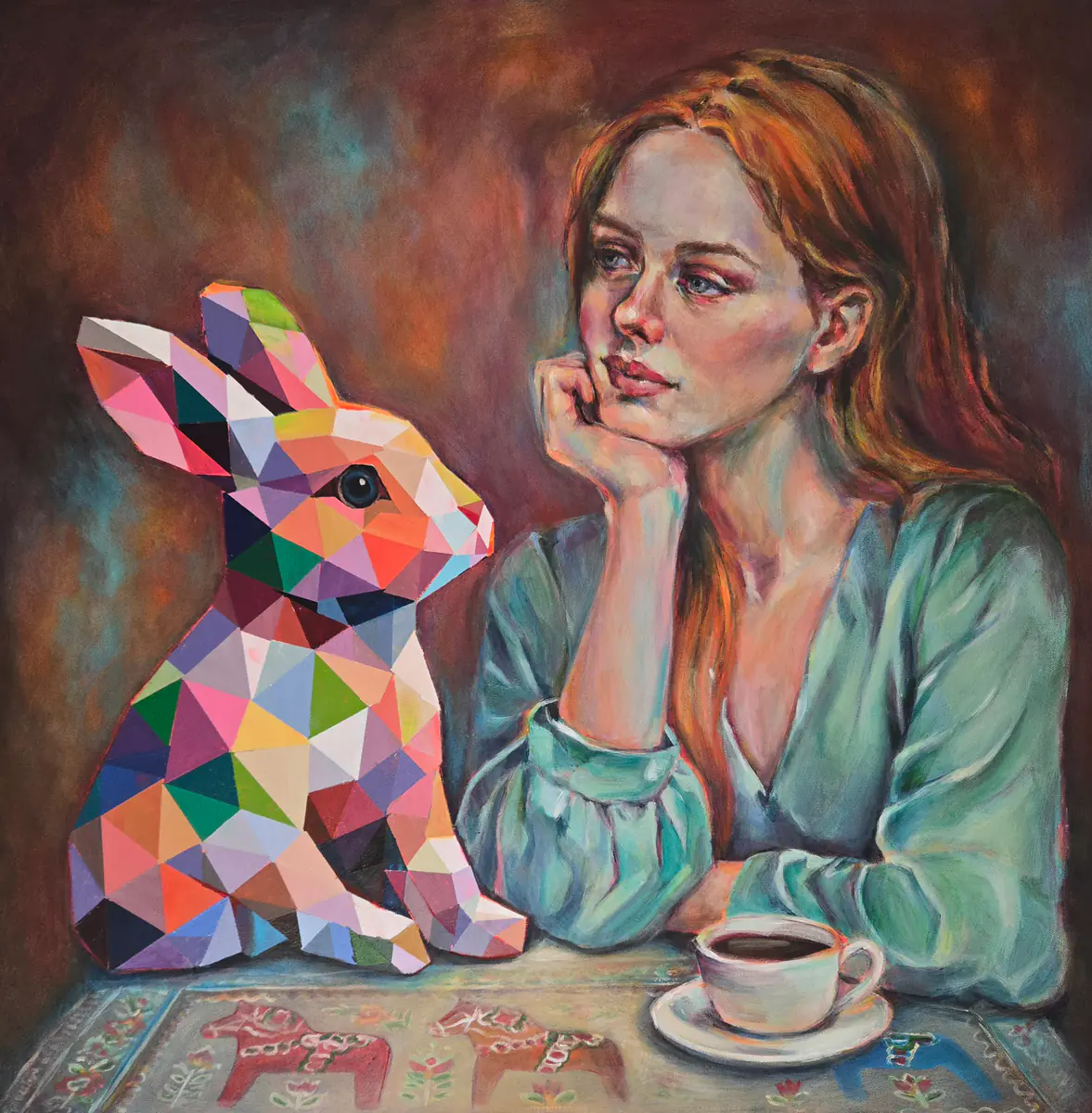 Färgglad Vision med Kanin och Kvinna - Acryl - Conceptual - 80×80 cm door Lana Blink