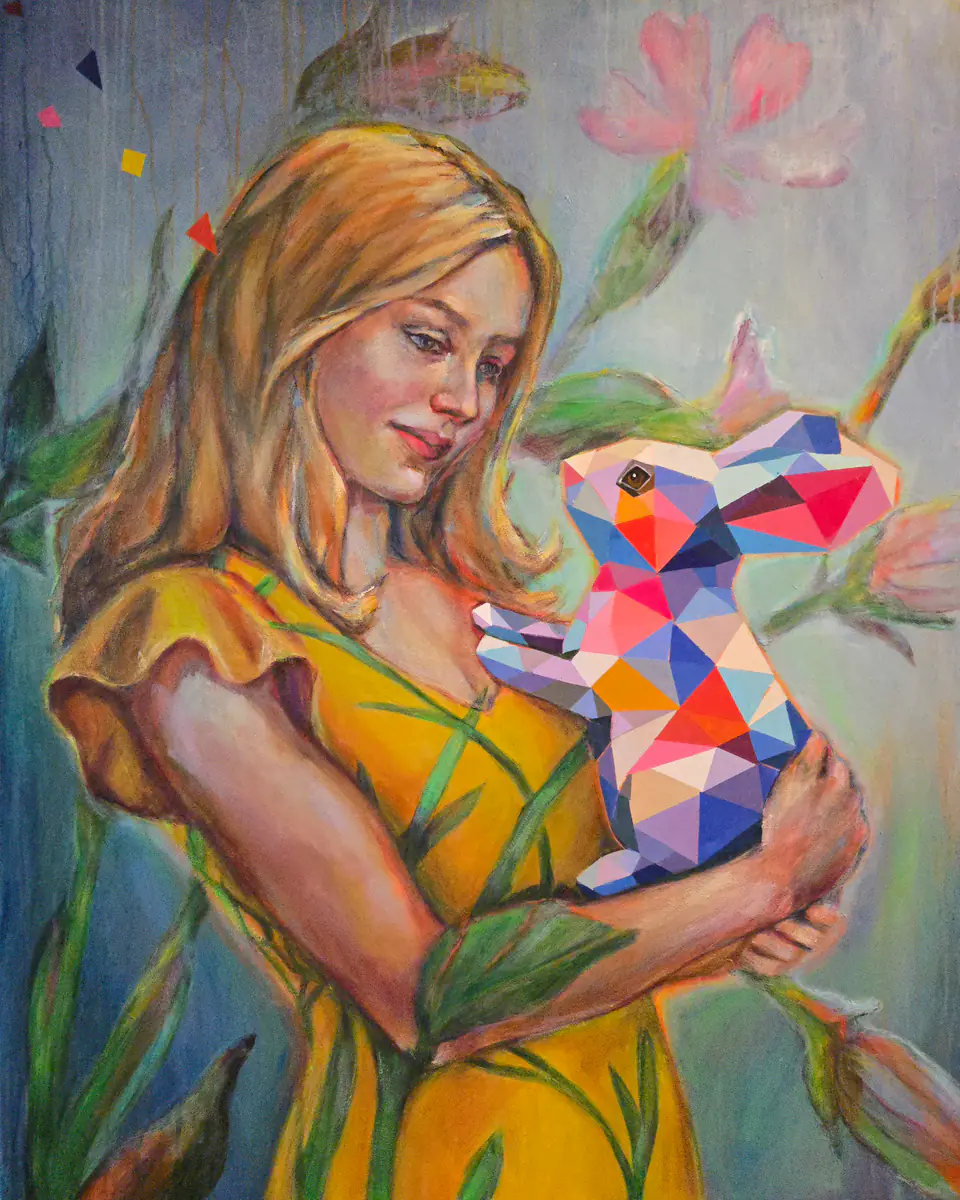 Kaleidoskopisk Närhet: Flicka och Geometrisk Kanin - Acryl - Conceptual - 80×100 cm door Lana Blink