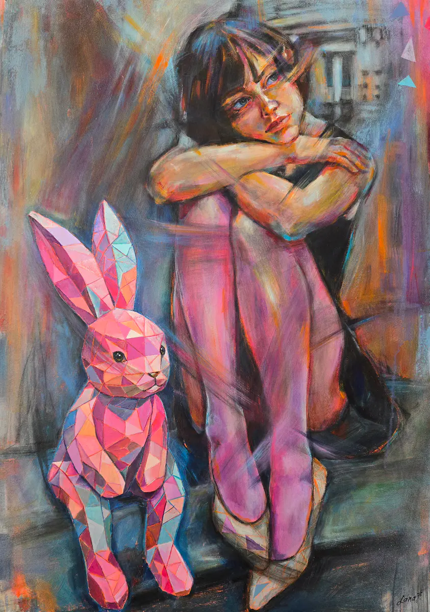 Reflektioner i Rosa och Blått: En Lekfull Vision - Acryl - Contemporary - 70×100 cm door Lana Blink