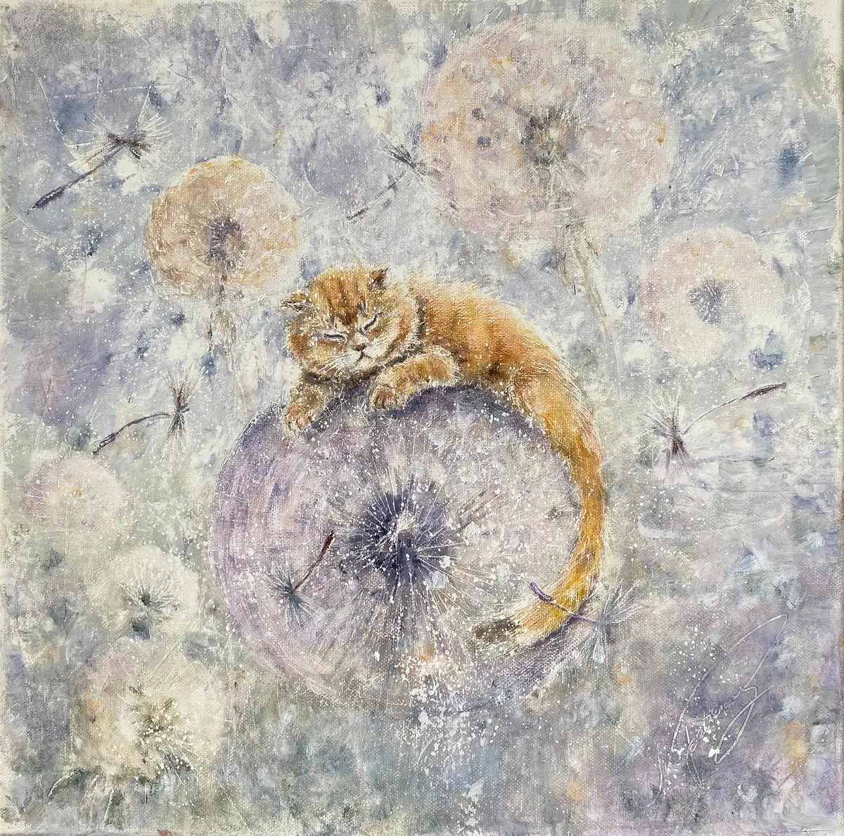 Drömmande Katt i Sommarljus - Olja - Impressionism - 40×40 cm av Selene Caspian