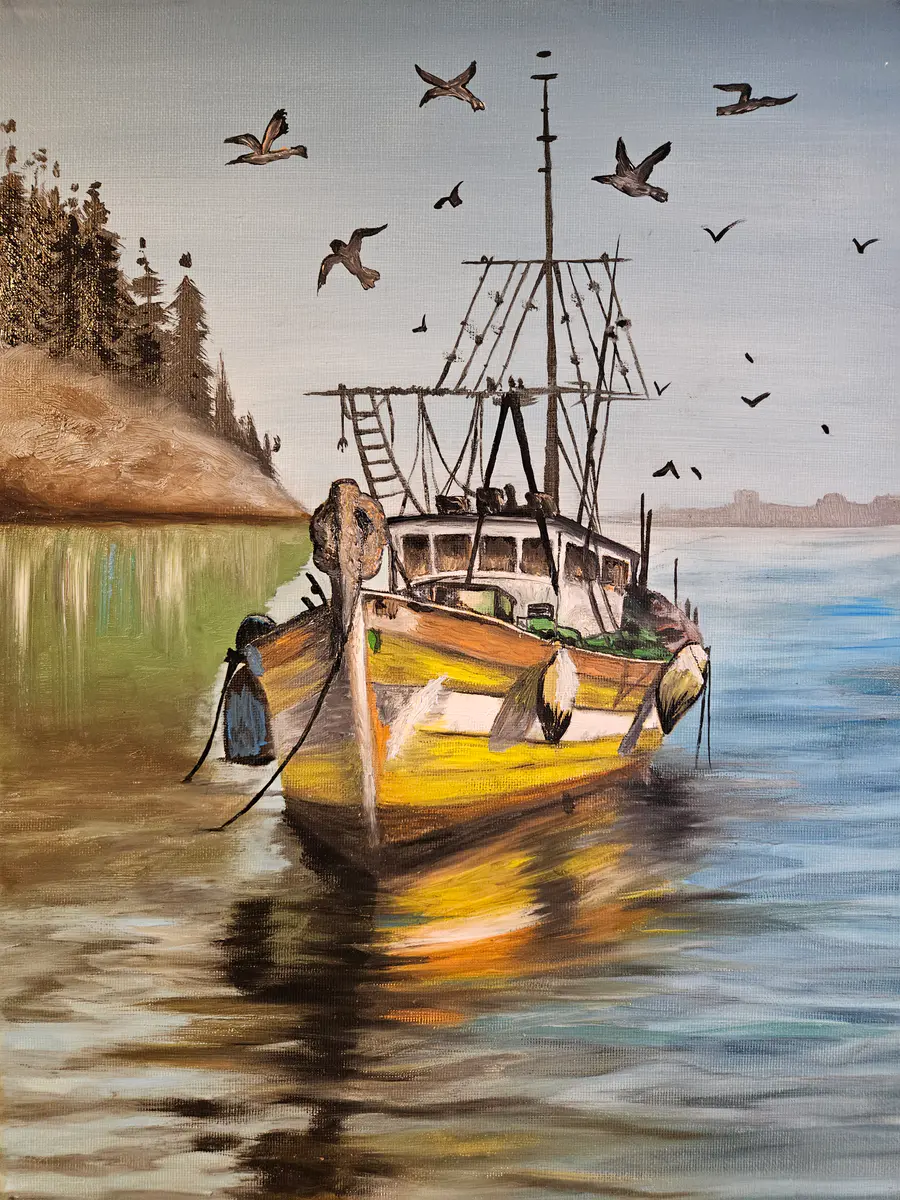 Fiskebåt i Morgondimma - Olja - Realism - 29×40 cm av Stefani Miletic