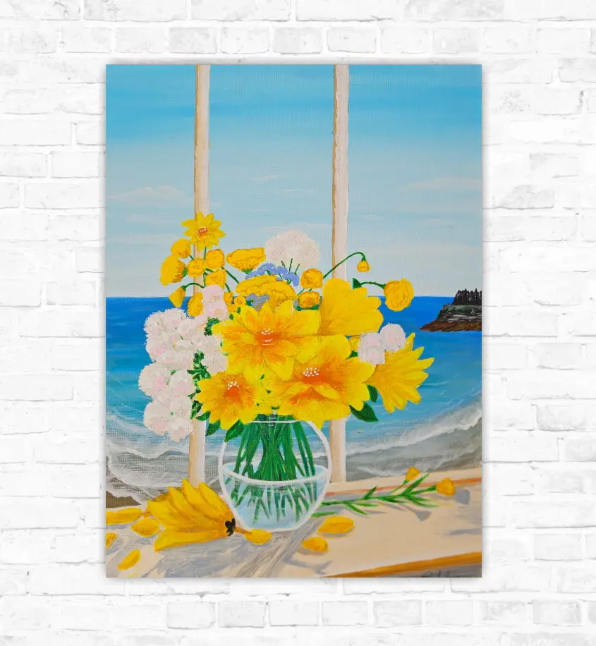 Sommarbukett med Utsikt över Kusten - Akryl - Pop Art - 30×40 cm av Stefani Miletic (såld)