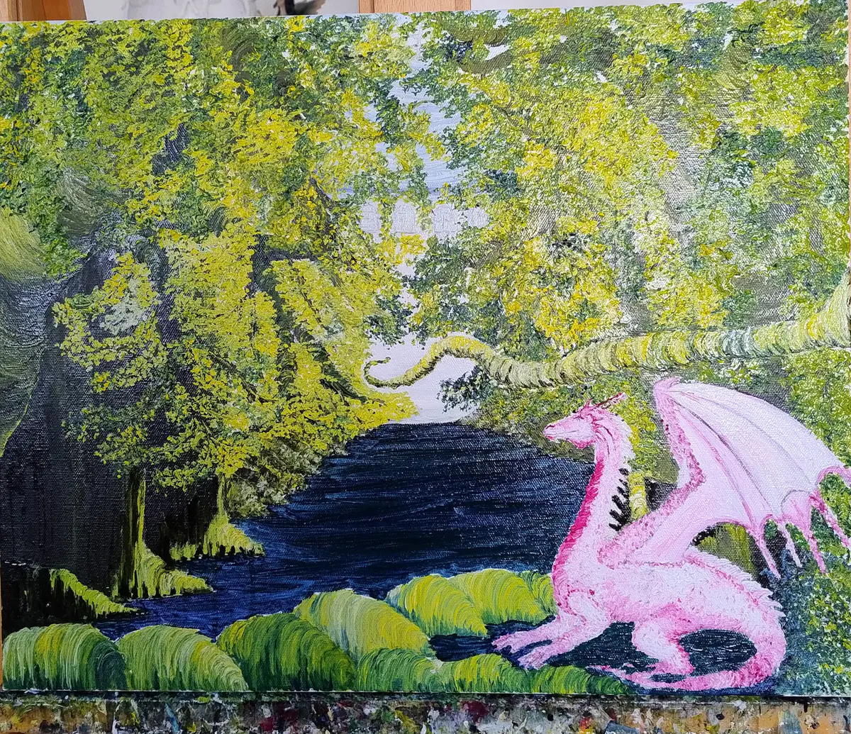 The Secrets of the Magical Lake - Olieverf - Surrealism - 40×50 cm door Ateliemaloucametthe