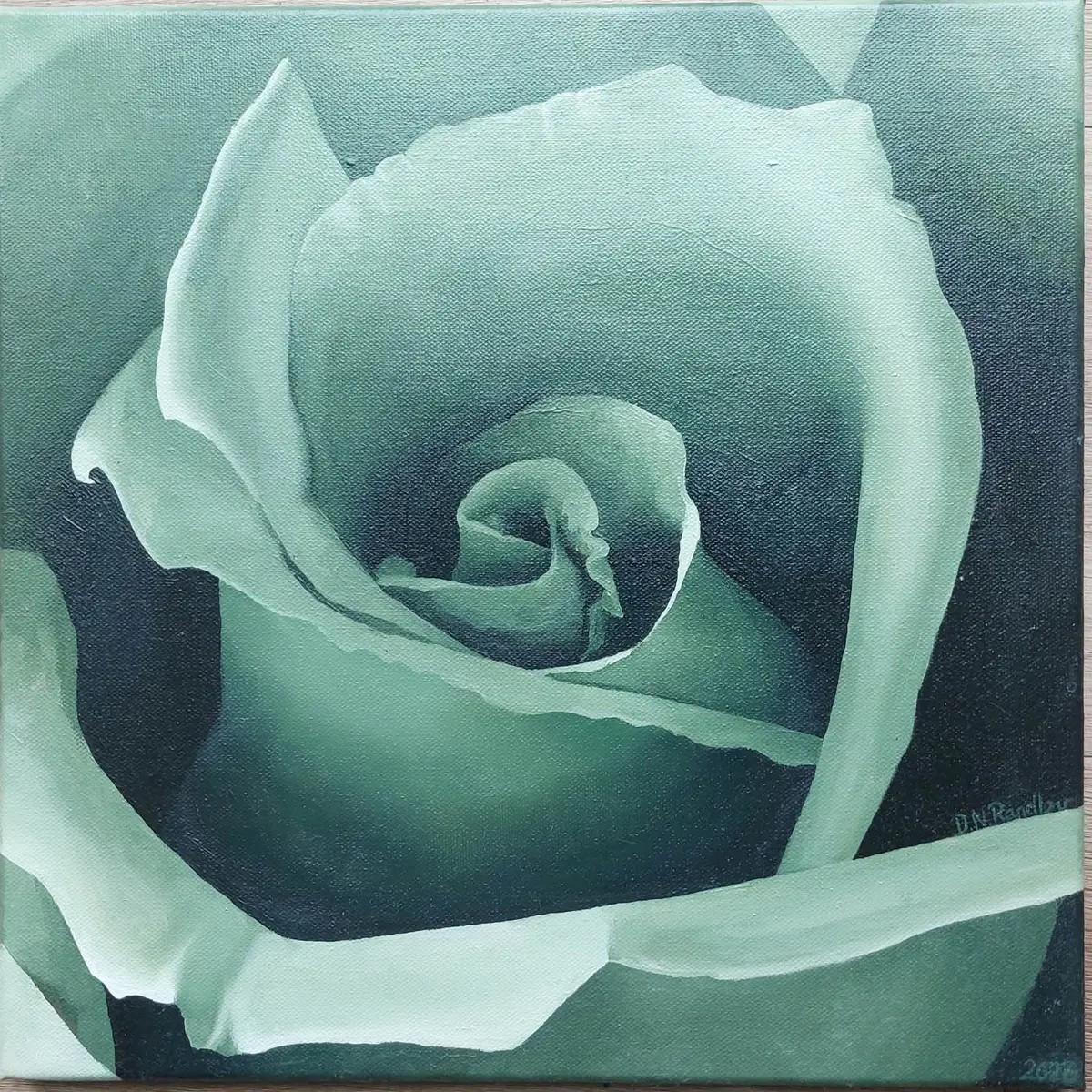 Grøn Rose - Olieverf - Realism - 40×40 cm door Ditte Randløv