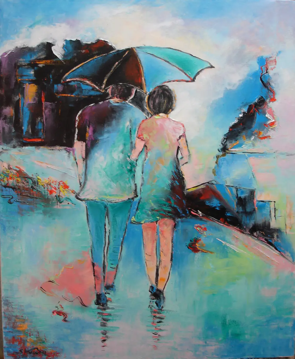 Promenad under Paraply - Olieverf - Expressionism - 52×62 cm door Stig Karlsson