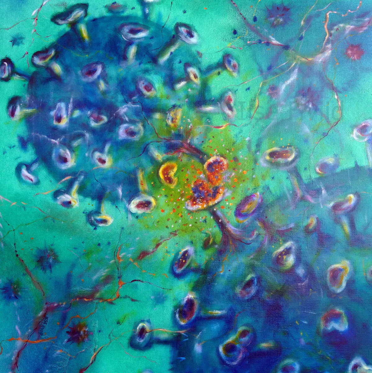 Vi-Rus - Olieverf - Expressionism - 65×65 cm door Ilse Hviid