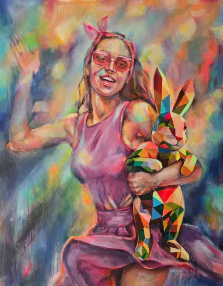 Kalejdoskopisk Lekfullhet: Flicka med Färgkanin - Acryl door Lana Blink