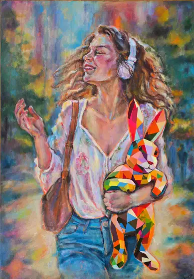 Lekfull Harmoni: Flicka med Färgglad Kanin - Acryl door Lana Blink
