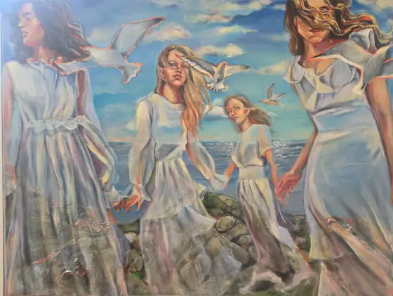 Systrar vid havet – Strukturell akrylmålning, samtidskonst från Skånes kust av Lana Blink.