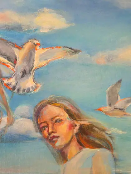 Systrar vid havet – Strukturell akrylmålning, samtidskonst från Skånes kust av Lana Blink. thumbnail 4