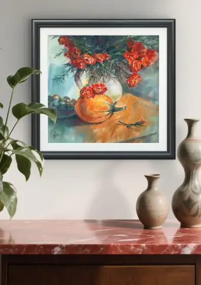 Blommor och pumpa – stilleben i pastell. thumbnail 2