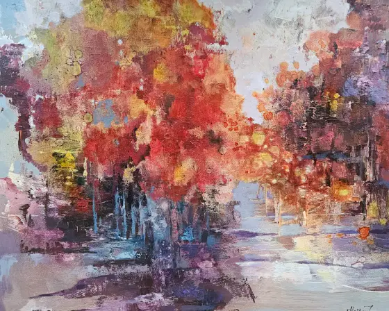 Autumn Passage. Large abstract painting, earth tones, crimson, amber, violet - Acryl door Tatiana Hellum