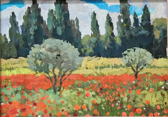 Olive Trees and Poppy Bloom/ Framed - Gouache av Tatiana Hellum