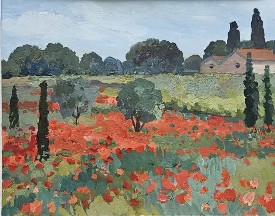 Poppies of Languedoc/Framed - Gouache door Tatiana Hellum