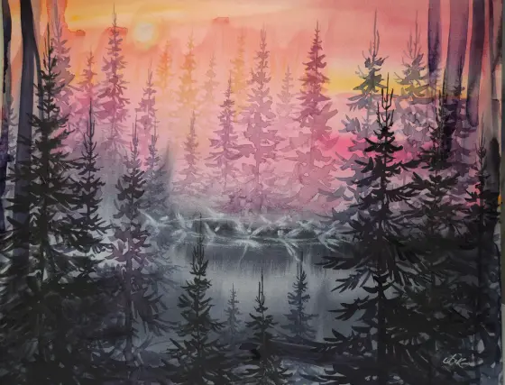 Älvdans i gryningen - Aquarel door Komstadiusart