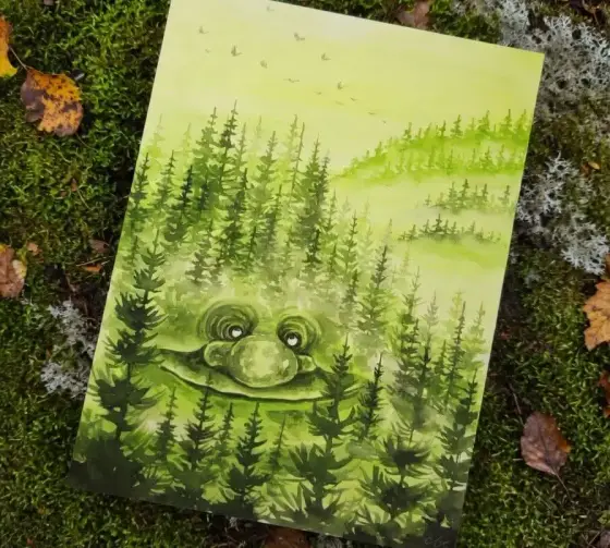 Grönt trollberg - Aquarel door Komstadiusart