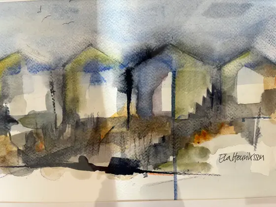 Badhytterna längs stranden - Aquarel door Eva Henriksson