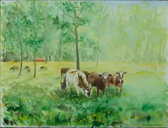 Betande kor i värmländsk skogsglänta - Aquarel door Ivan Gorozhankin