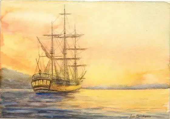 Skepp i solnedgång - Aquarel door Ivan Gorozhankin
