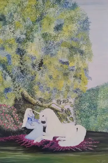 The Lady and the Unicorn by Malouca Metthe - Olieverf door Ateliemaloucametthe